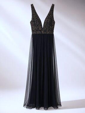 RENN Vintage Black & Metallic Gold Stretch Maxi Party Dress Sheer Overlay Size S